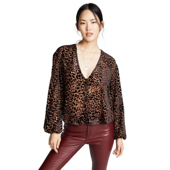 Free People Wild Dreams Velvet Leopard Print Blouse, Brown & Black, Size XS - Picture 1 of 7